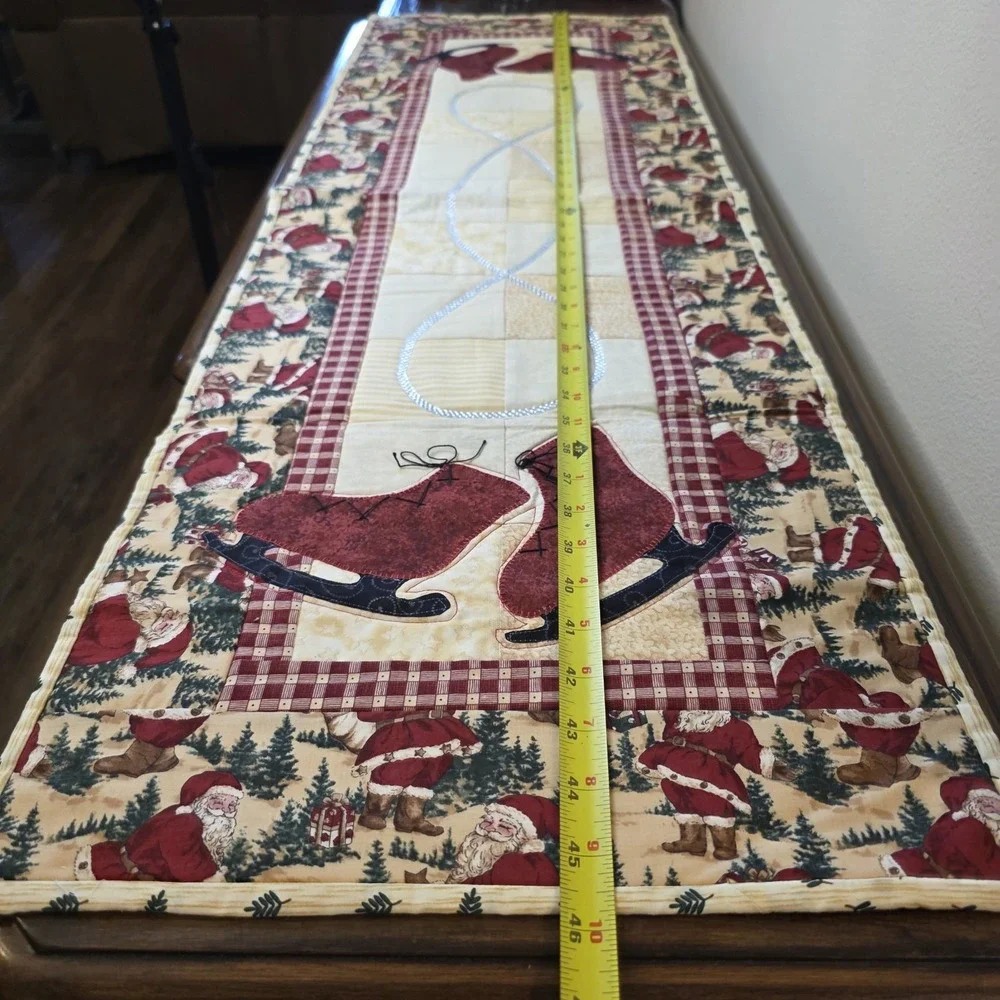 Vintage Handmade Quilted Christmas Table Runner Santa Ice Skates 15x46